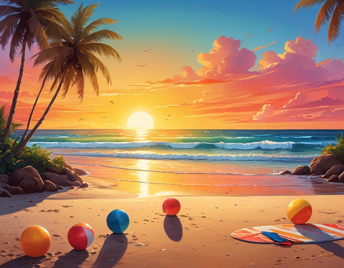A whimsical beach scene blending cartoonish characters experiencing a mix of joy and sorrow, showcasing unique and stylish beachwear. Include a vibrant sunset casting deep shadows, emphasizing emotional expressions on the characters' faces. Surround them with playful beach elements like colorful beach balls and surfboards, while ensuring a contrast of bright colors with melancholic tones. Illustrate a sandy beach with gentle waves softly lapping at the shore. vector art. vibrant colors. sunset mood.