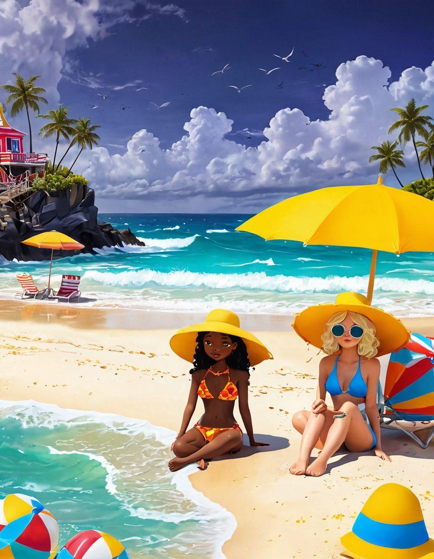 A whimsical summer scene featuring animated characters wearing vibrant bikinis, surrounded by a lively beach setting that transitions into a moody, heartbreak-themed landscape with muted colors. Include elements like sun hats, ice cream, and waves blending into raindrops and dark clouds to convey emotion. The characters should display a range of emotions from joy to melancholy. cartoonish style. vibrant colors. blend of cheerful and somber elements.