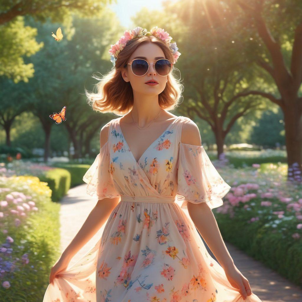 A whimsical, animated scene depicting a stylish character in a flowing summer dress, capturing a blend of joy and melancholy. The background features a sunlit park with swaying trees, butterflies, and soft pastel colors, reflecting the emotional journey of summer fashion. Add subtle hints of nostalgia with vintage sunglasses and flower crowns. Blend elements of animation, making the character look alive and expressive. vibrant colors. digital illustration.